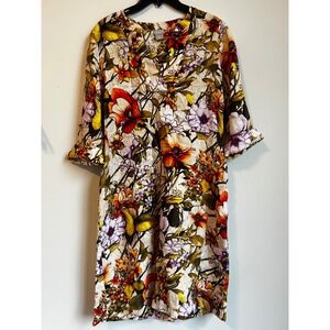 Chico's Size 0 3/4 Sleeve Floral 100% Linen Blend V Neck Dress‎ Pockets